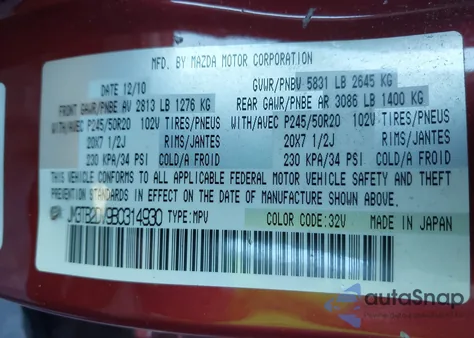 2011 Mazda Cx-9 Grand Touring from USA, damaged, VIN JM3TB2DV9B0314930